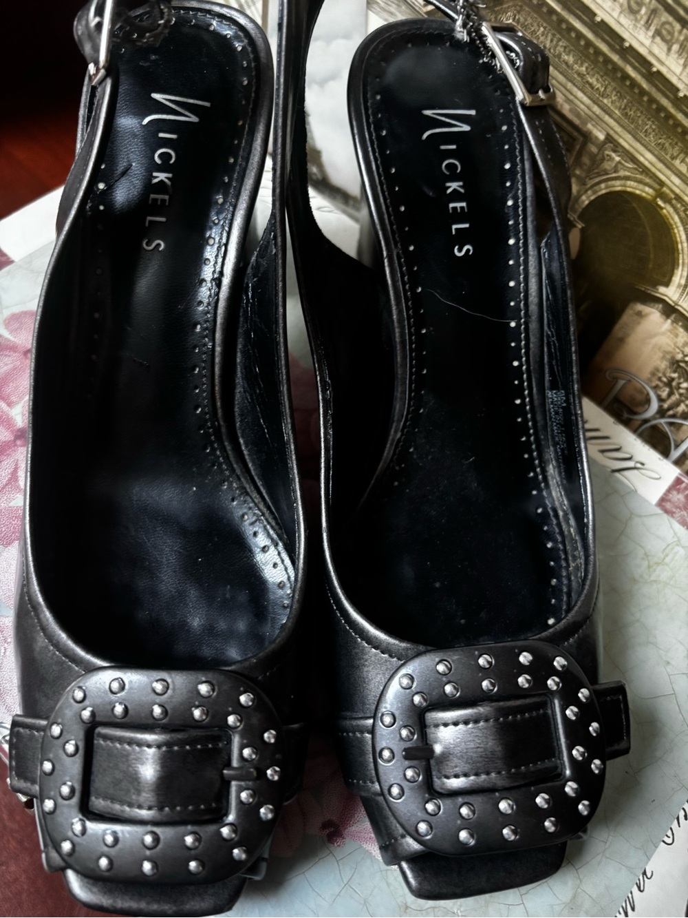 Nickels black leather peep-toe slingback heels with a prominent studded buckle